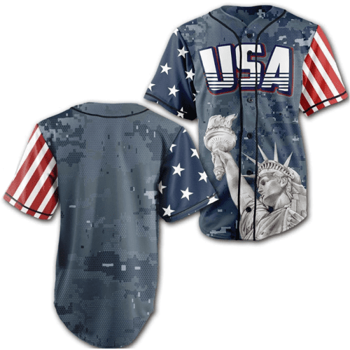 CustomAmericaStatueOfLibertyBlueCamoBaseballJerseyBLANK